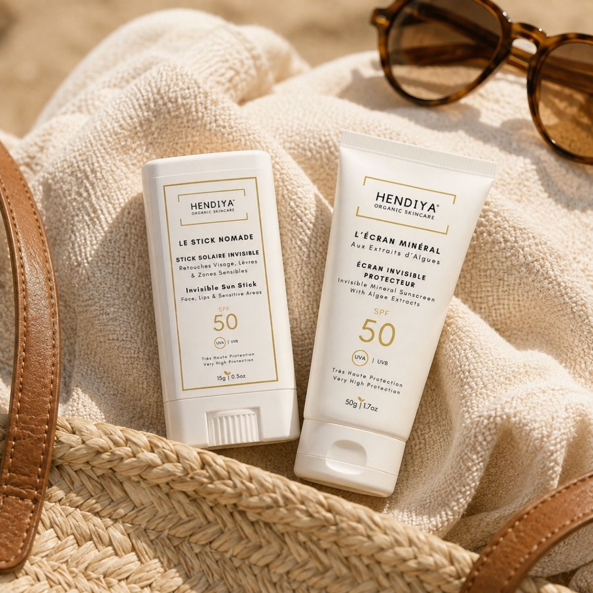 Rituel protection solaire visage Hendiya® : L'Écran Minéral et Le Stick Nomade