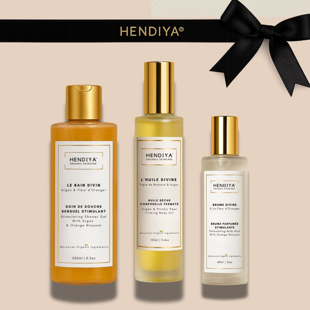 Les 3 produits du Coffret Fusion Divine Hendiya : Bain Divin, Huile Divine et Brume Divine