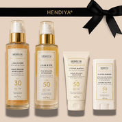 Les 4 produits du Coffret d'Été Hendiya : Écran Minéral, Eau d'Été, Huile Dorée et Stick Nomade