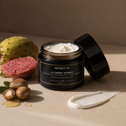 Composition naturelle de La Crème Intense pour homme Hendiya : huile de figue de barbarie, huile d'argan, huile d'avocat et beurre de karité, quatre actifs naturels au cœur de la formule hydratante.