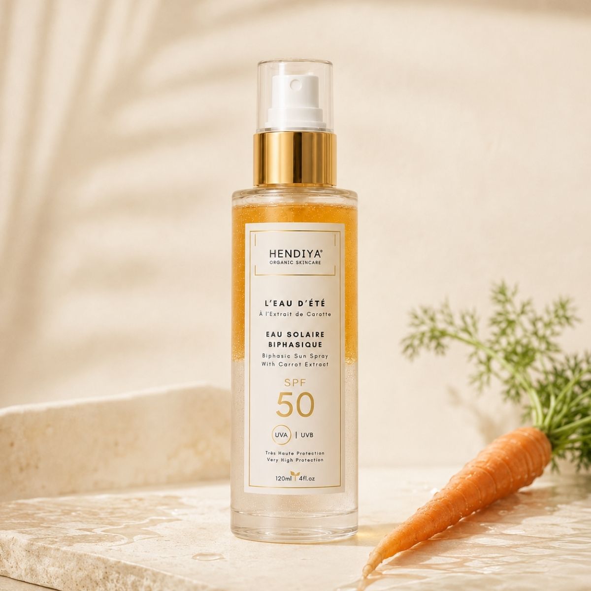 Composition and texture of L'Eau d'Été, biphasic sun water by Hendiya with carrot extract